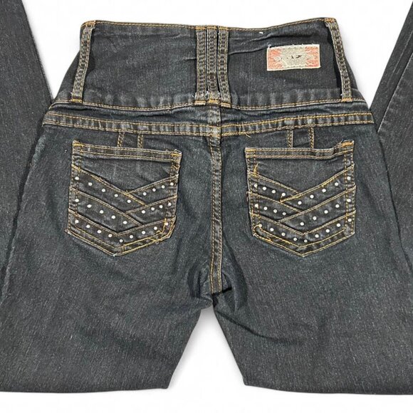 Saza Jeans Denim - Y2K Rhinestone Pocket Skinny Jeans Dark Wash High Rise Size 0 2000s